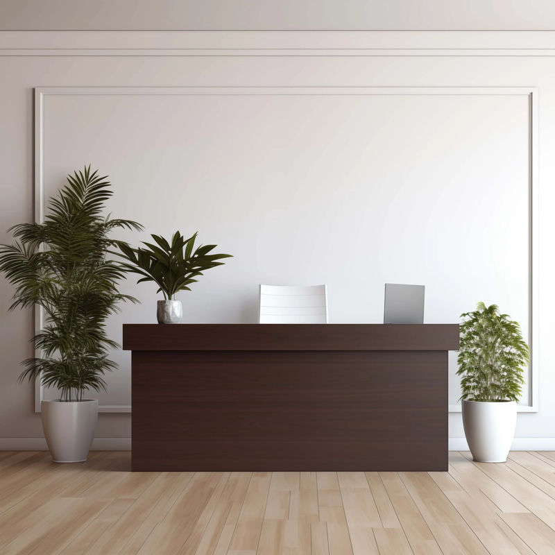 A law office front desk with plants
