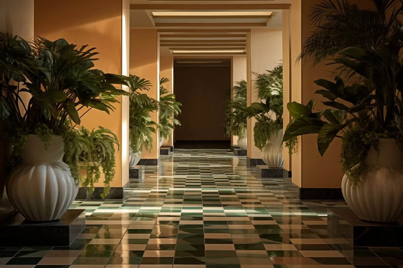 A hallway with a small group of plants