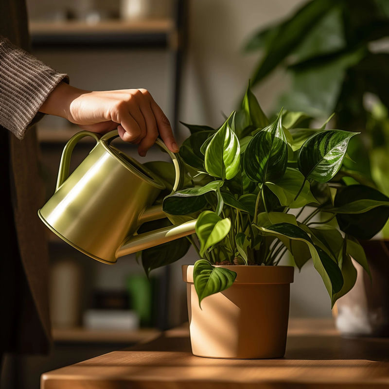 Hands holding a watering can over plants