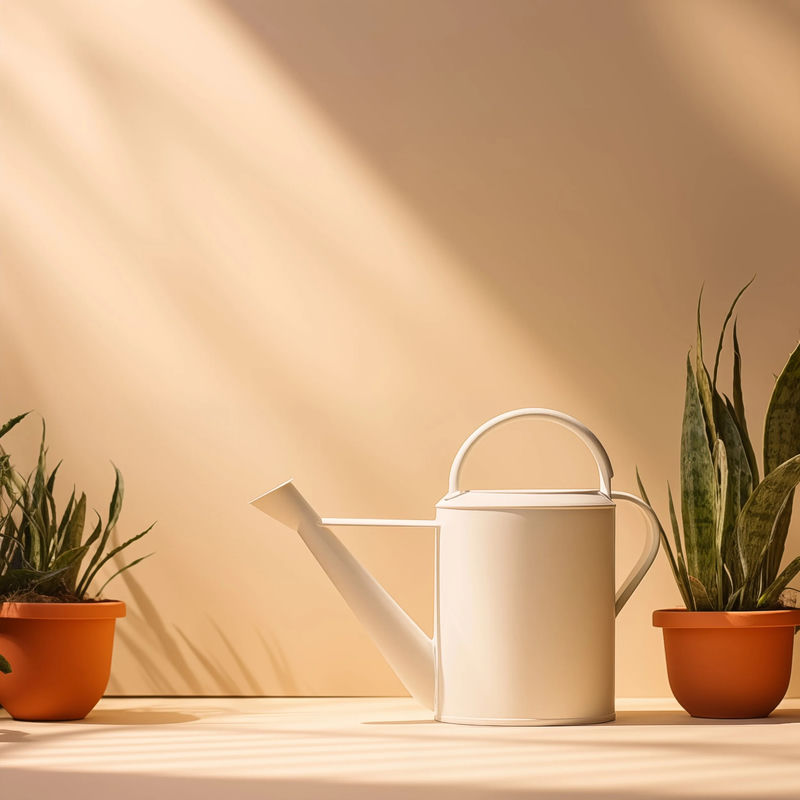 A white watering can on a table with plants